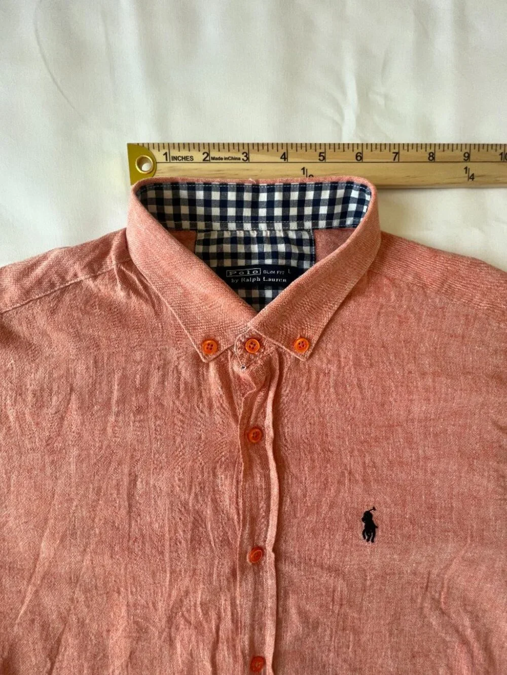 VTG Polo Ralph Lauren 100% Linen USA Made Orange Coral Size L Shirt Y2K